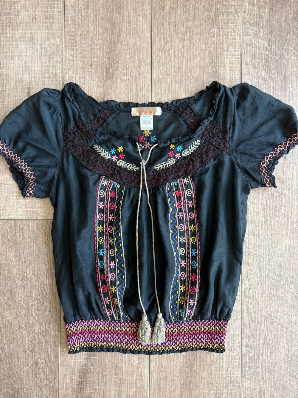 Silk Blend Embroidered Black Boho Short-Sleeve Blouse with Tassel Tie